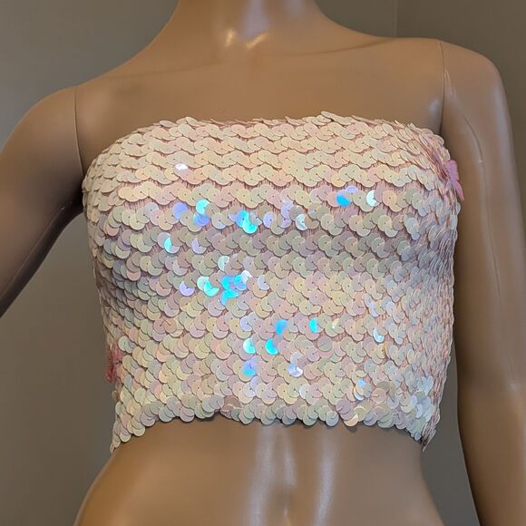 Vintage Y2K Jessica McClintock Tube Top Pink Sequin Butterfly Size S - Picture 1 of 9